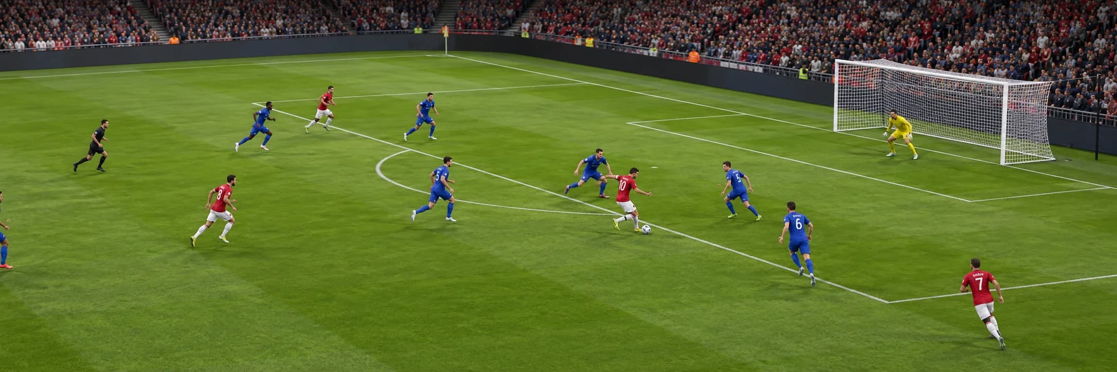 Generated football match scene with red and blue teams attacking near the goal in a packed stadium